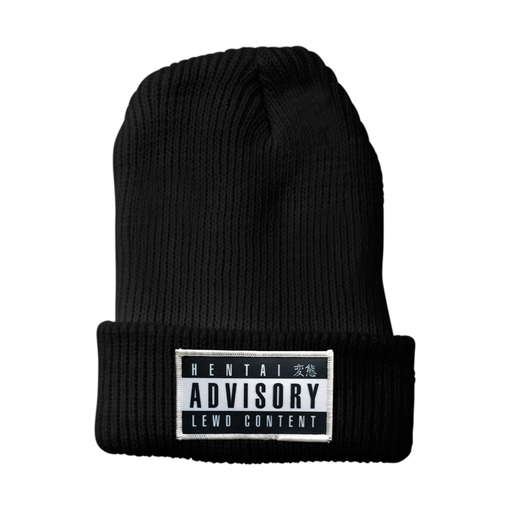 Black beanie with small patch that says Hentai Advisory Lewd Content