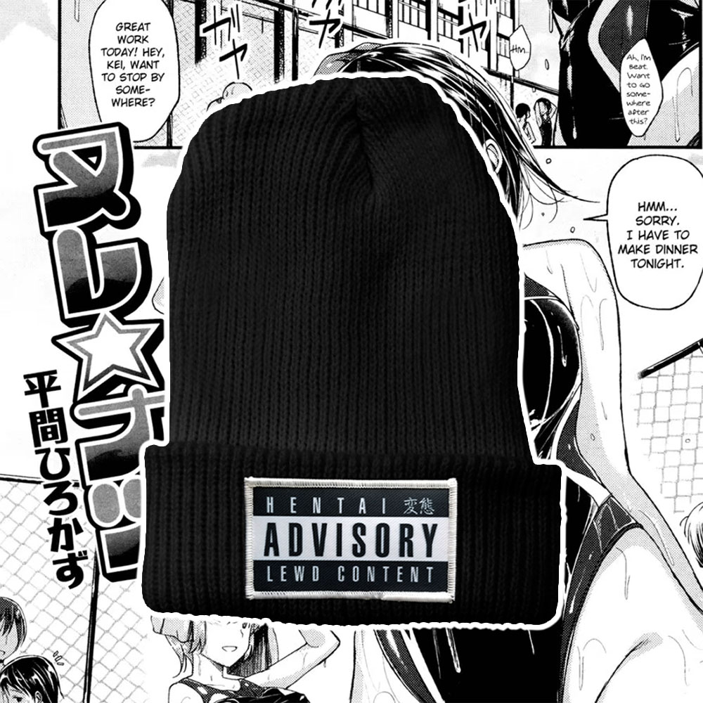 Black beanie with stitched on Hentai Advisory patch